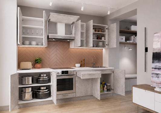 Premium Küchenzeile Vella 260 cm Grau Beton Matt – Küche mit Soft-Close & Arbeitsplatte