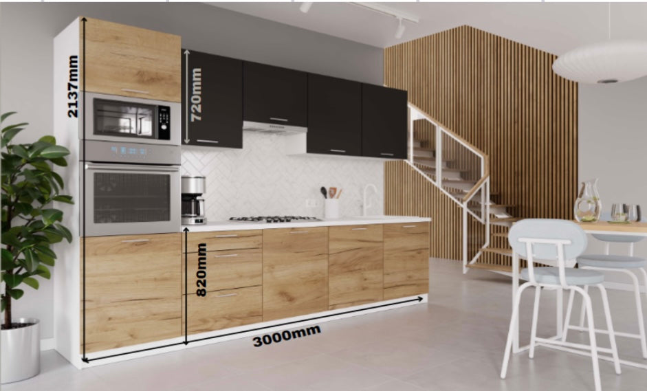 Küchenzeile 300 cm Kraft-Eiche/Schwarz matt