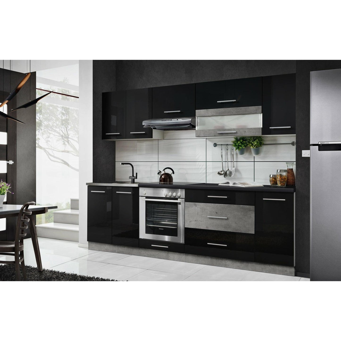 Küche 260 cm Glanz Schwarz Beton mit Soft-Close Küchenblock - MÖBEL MUNA