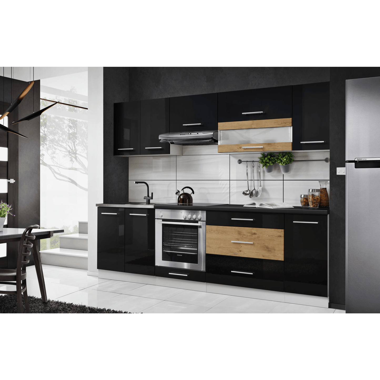Küche 260 cm Glanz Schwarz Beton mit Soft-Close Küchenblock - MÖBEL MUNA