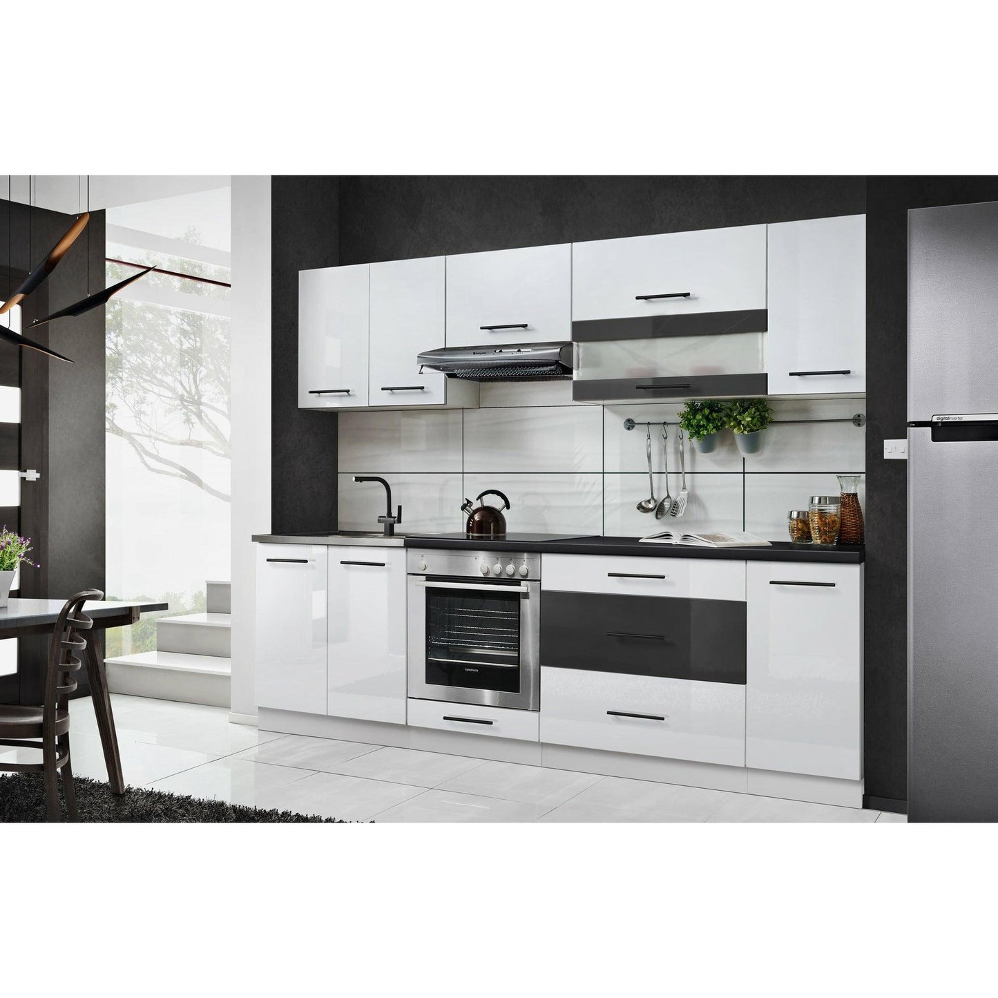 Küche 260 cm Glanz Schwarz Beton mit Soft-Close Küchenblock - MÖBEL MUNA