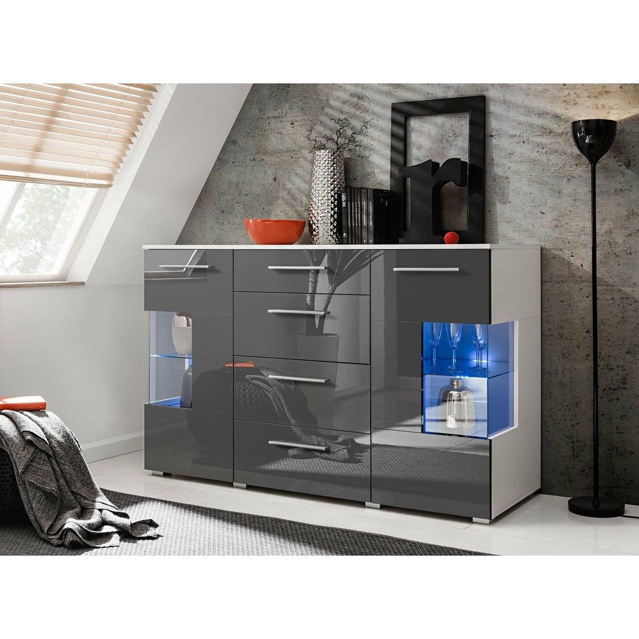 Graue Hochglanz Kommode 150 cm | LED Sideboard