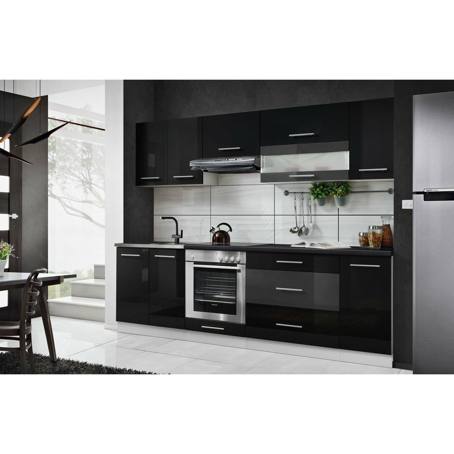 Küche 260 cm Glanz Schwarz Beton mit Soft-Close Küchenblock - MÖBEL MUNA
