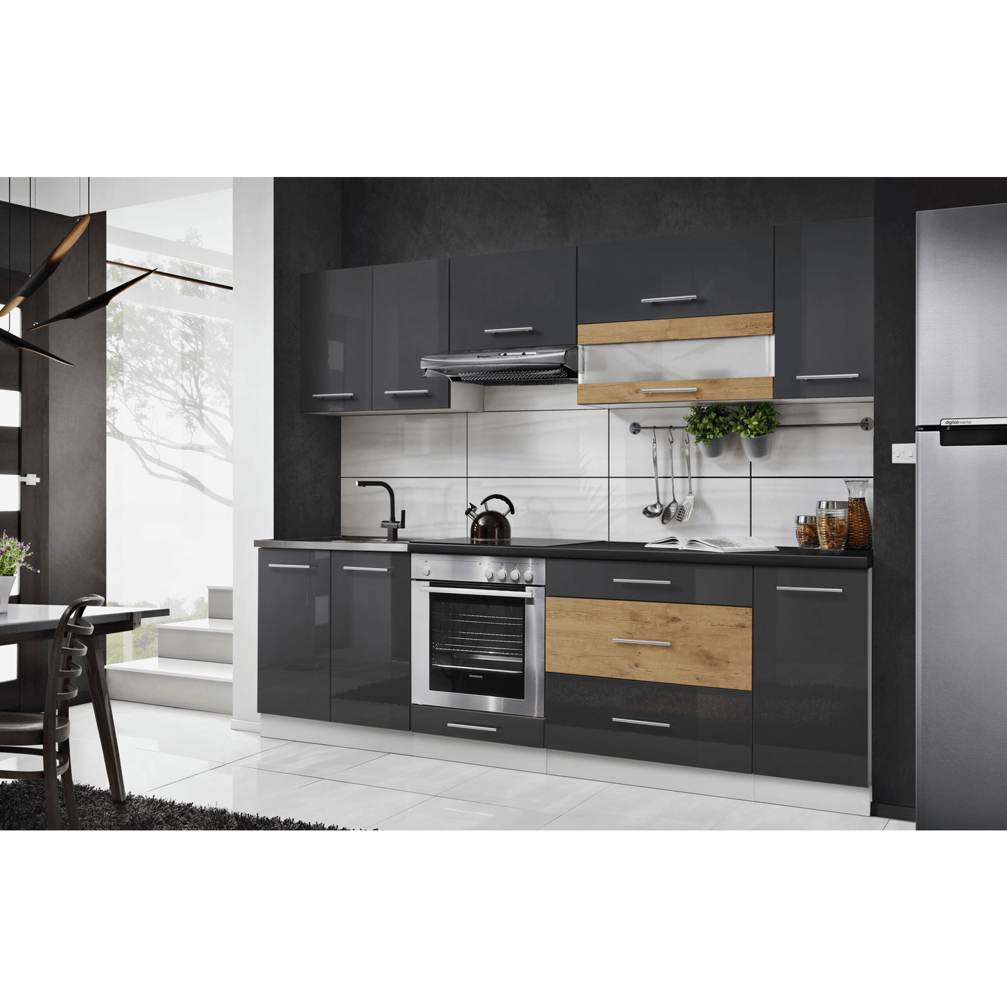 Küche 260 cm Glanz Schwarz Beton mit Soft-Close Küchenblock - MÖBEL MUNA