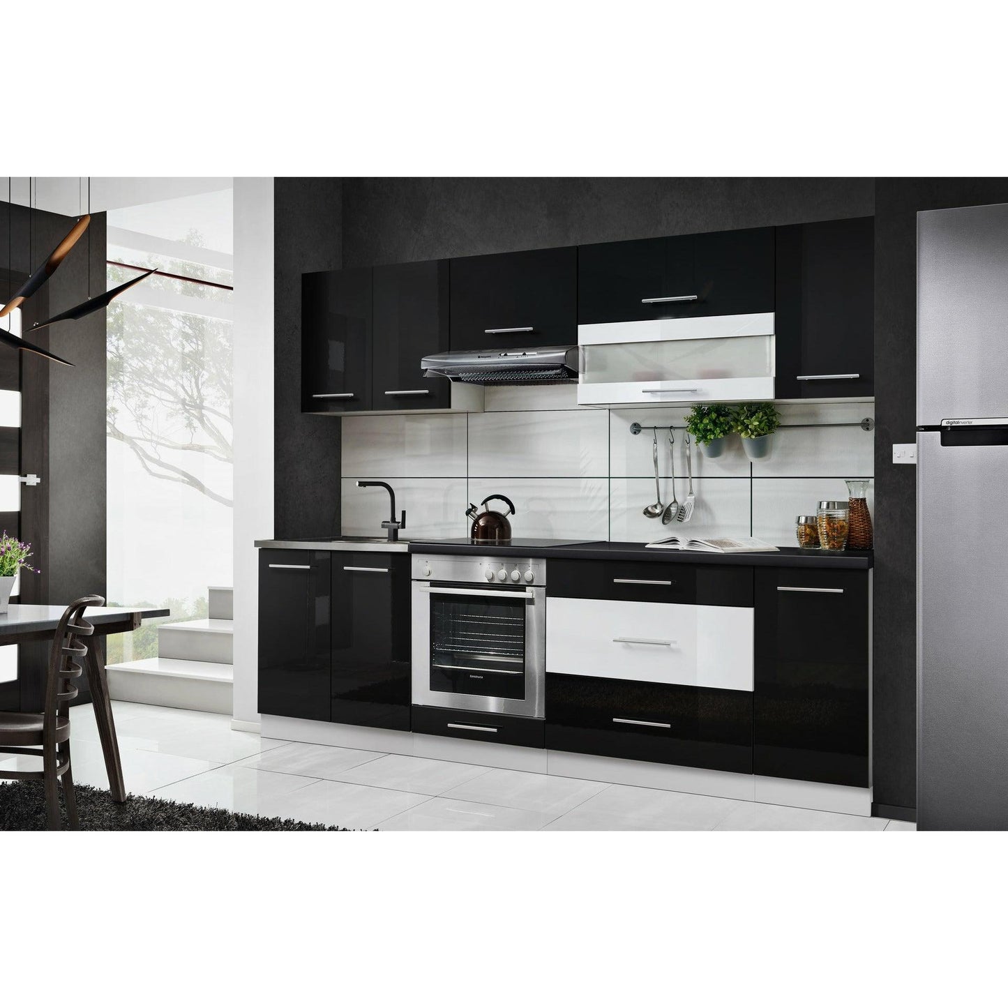 Küche 260 cm Glanz Schwarz Beton mit Soft-Close Küchenblock - MÖBEL MUNA