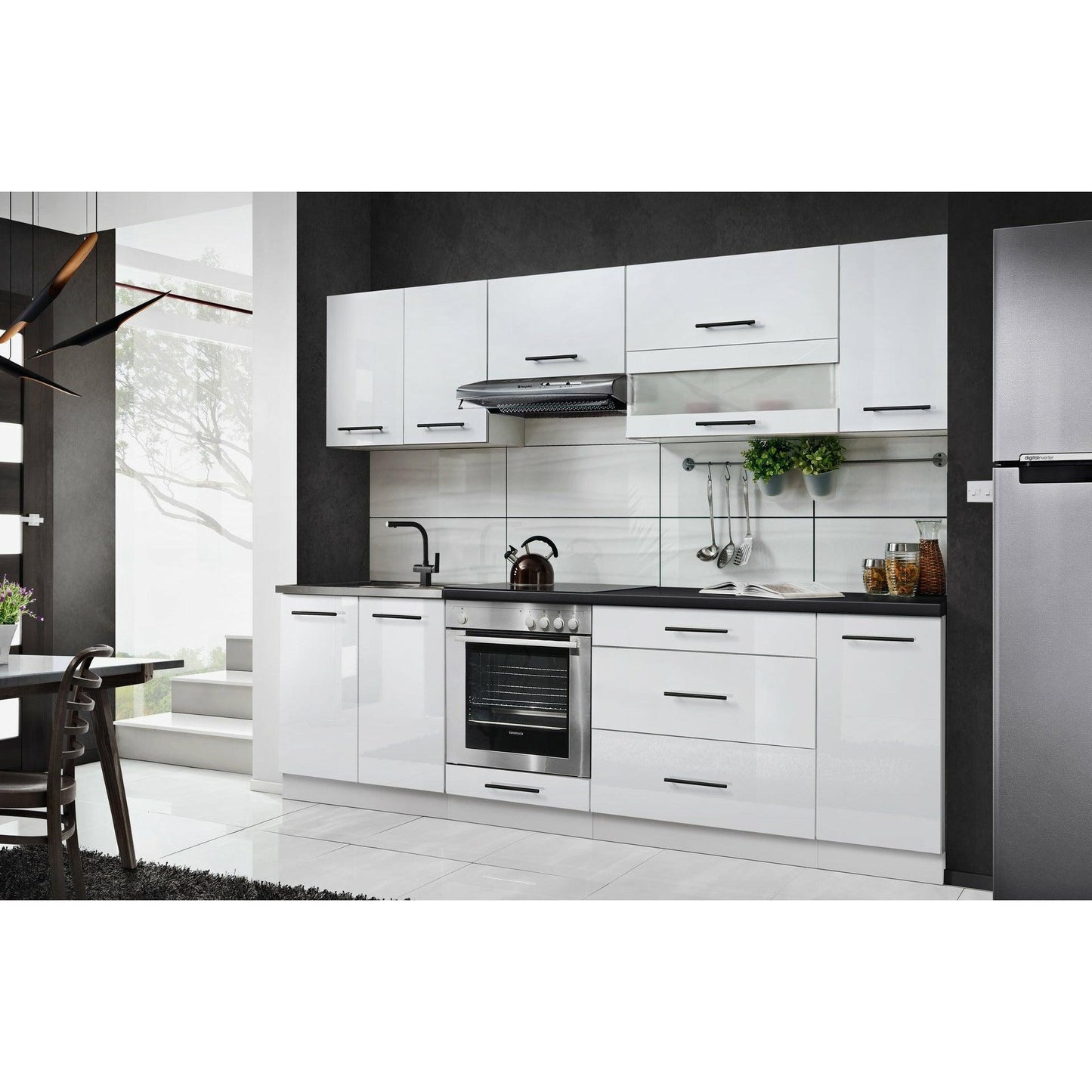 Küche 260 cm Glanz Schwarz Beton mit Soft-Close Küchenblock - MÖBEL MUNA
