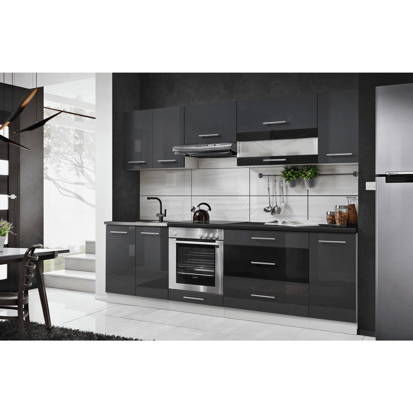 Küche 260 cm Glanz Schwarz Beton mit Soft-Close Küchenblock - MÖBEL MUNA