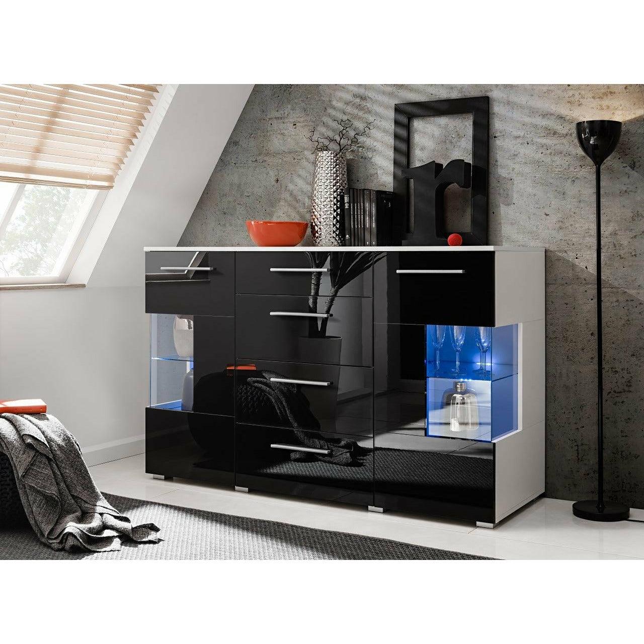 LED-Kommode 150 cm Schwarz Hochglanz mit Glas