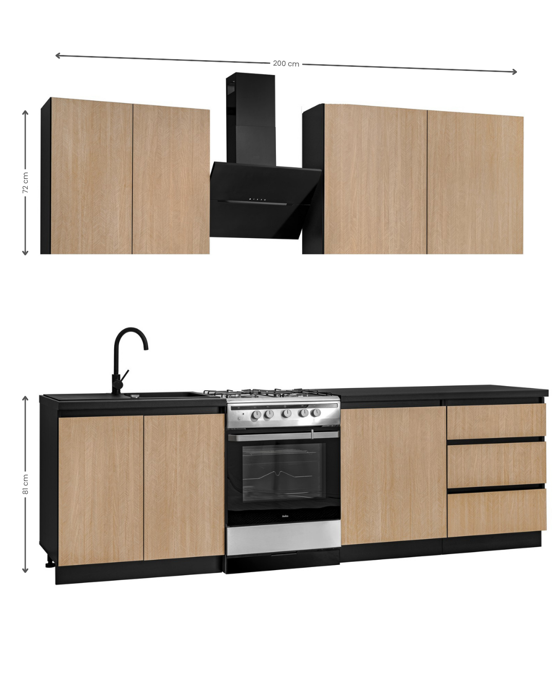 Design-Küchenzeile „ROMA“ 200 cm – Edle Fischgräten-Optik & moderner Industrie-Stil