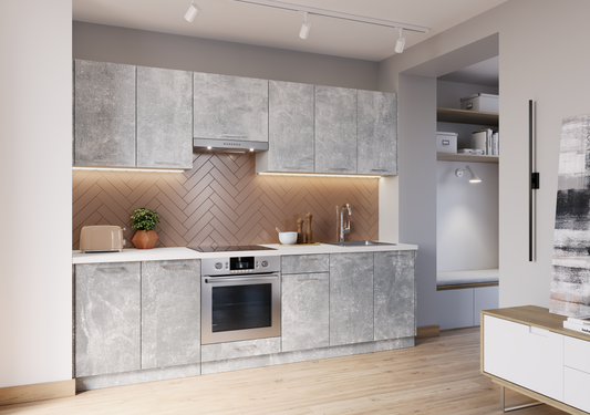 Premium Küchenzeile Vella 260 cm Grau Beton Matt – Küche mit Soft-Close & Arbeitsplatte