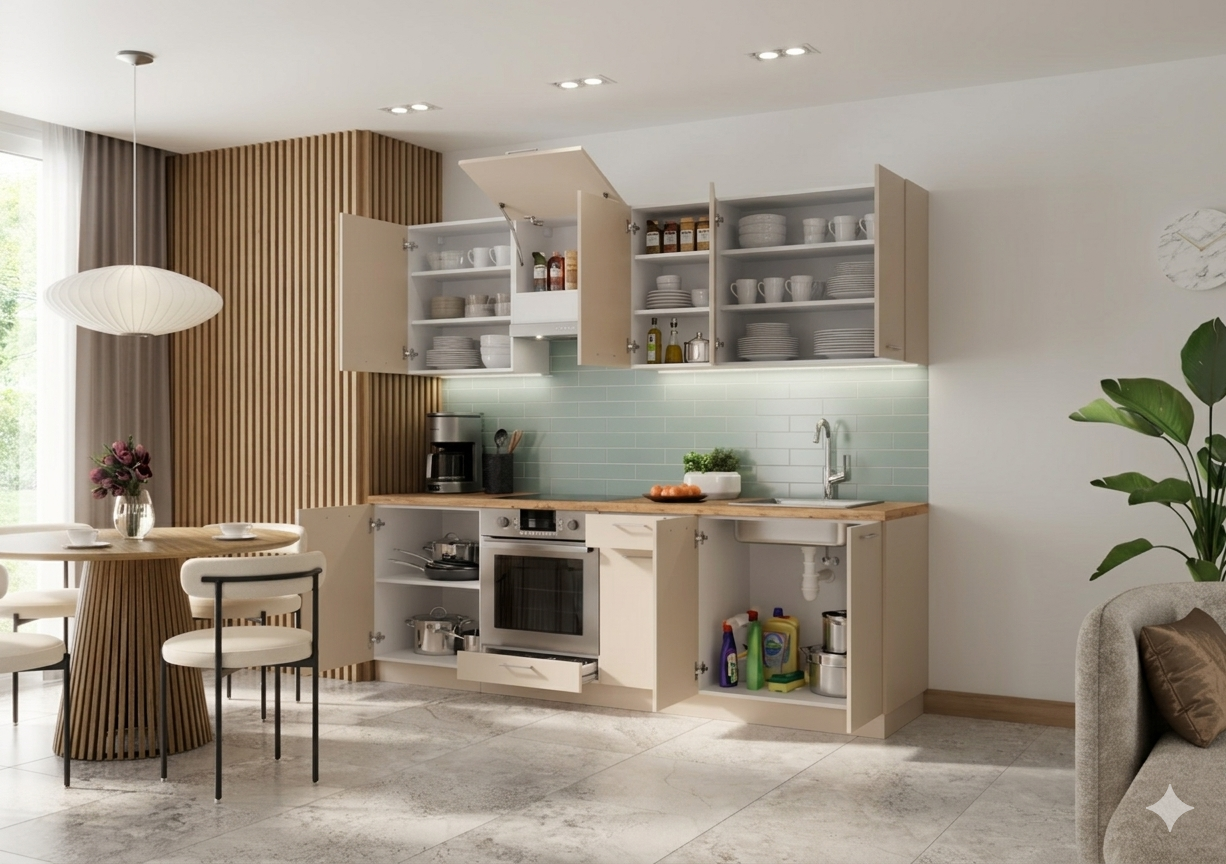 Küchenzeile 240 cm Beige Matt – Schränke umstellbar