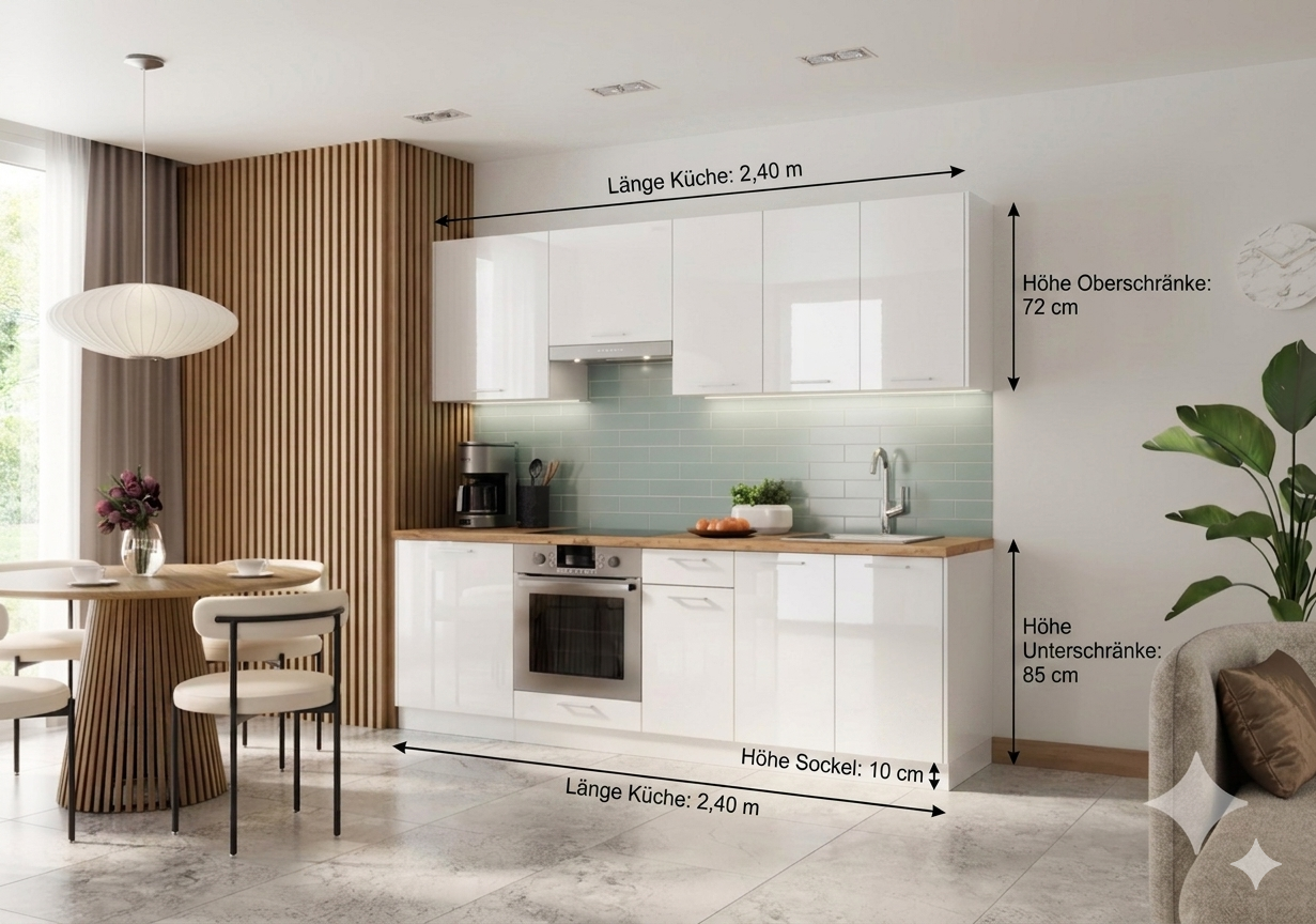 Küchenzeile 240 cm Weiss Glanz Küche Schränke umstellbar