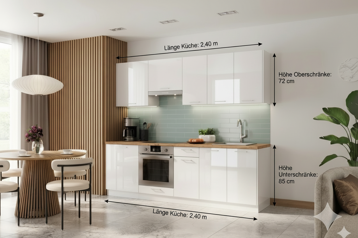 Küchenzeile 240 cm lang weiss Matt  Inklusive Einbauspüle, Ohne Arbeitsplatte und ohne E-Geräte