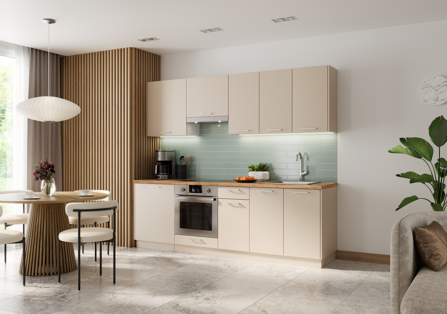 Küchenzeile 240 cm Beige Matt – Schränke umstellbar