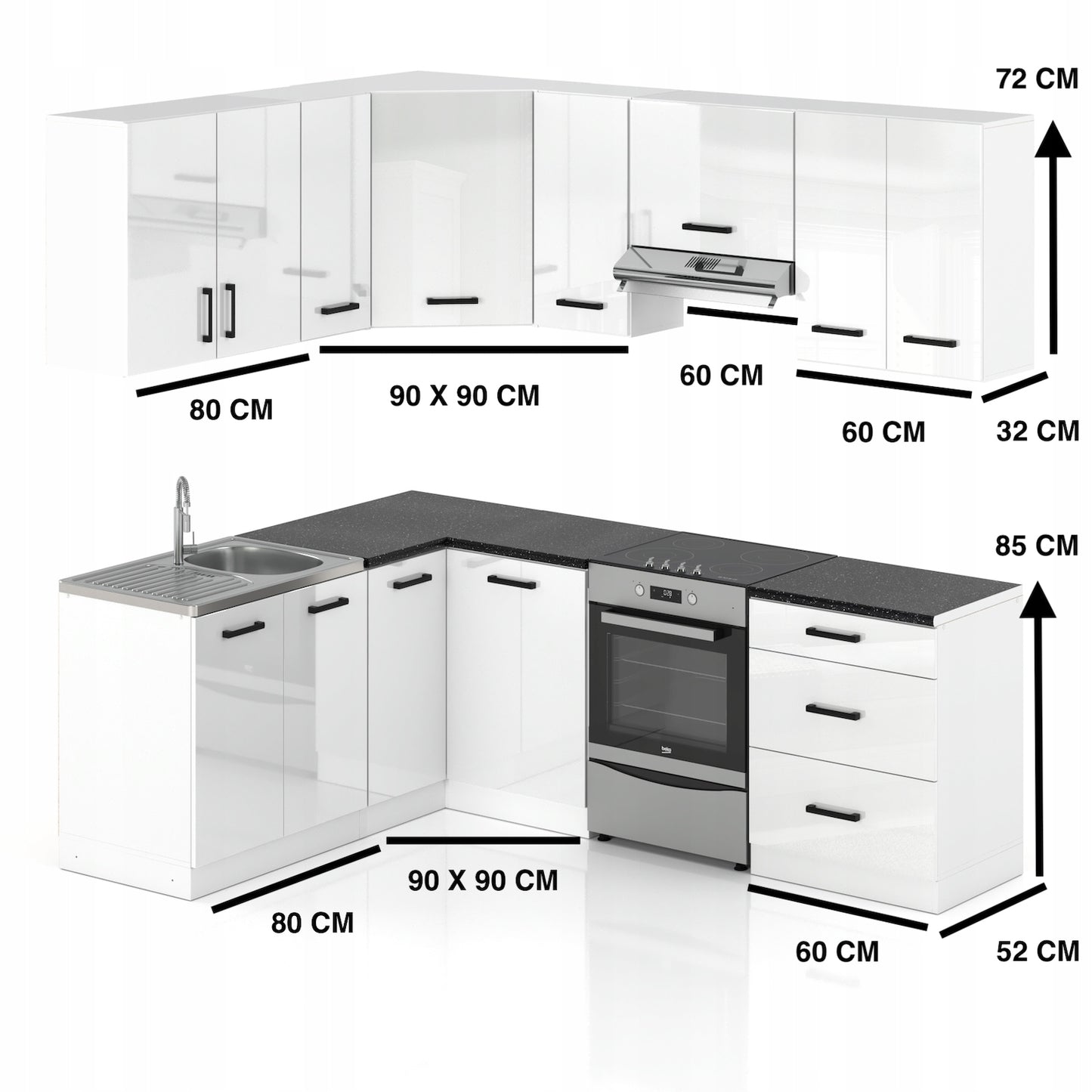 Küche L-Form günstig Grau Hochglanz 210x170 cm