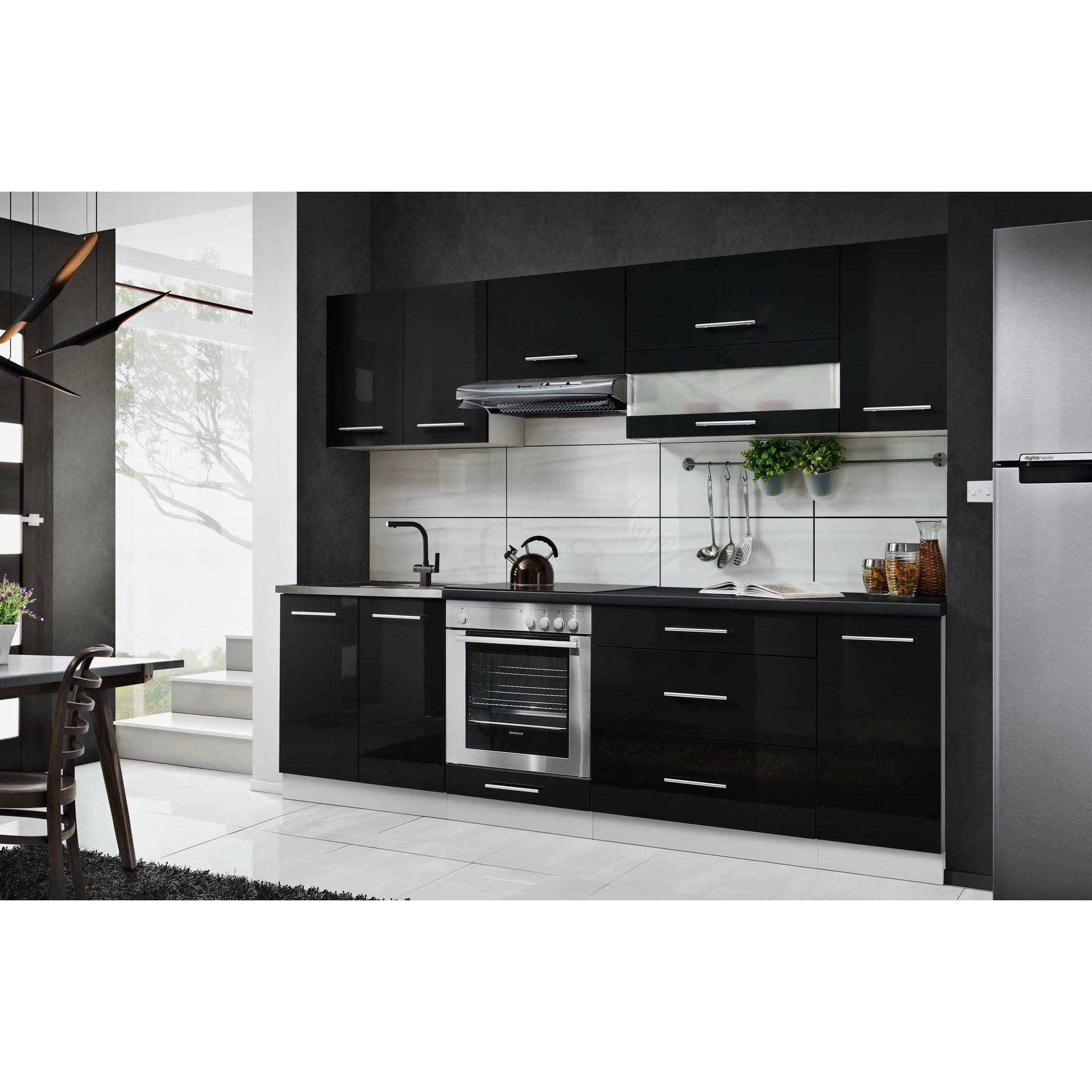 Küche 260 cm Glanz Schwarz Beton mit Soft-Close Küchenblock - MÖBEL MUNA