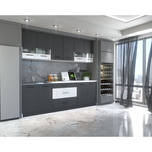 Küchenzeile 240 mat Grau weiss modern mit schwarze Griffe