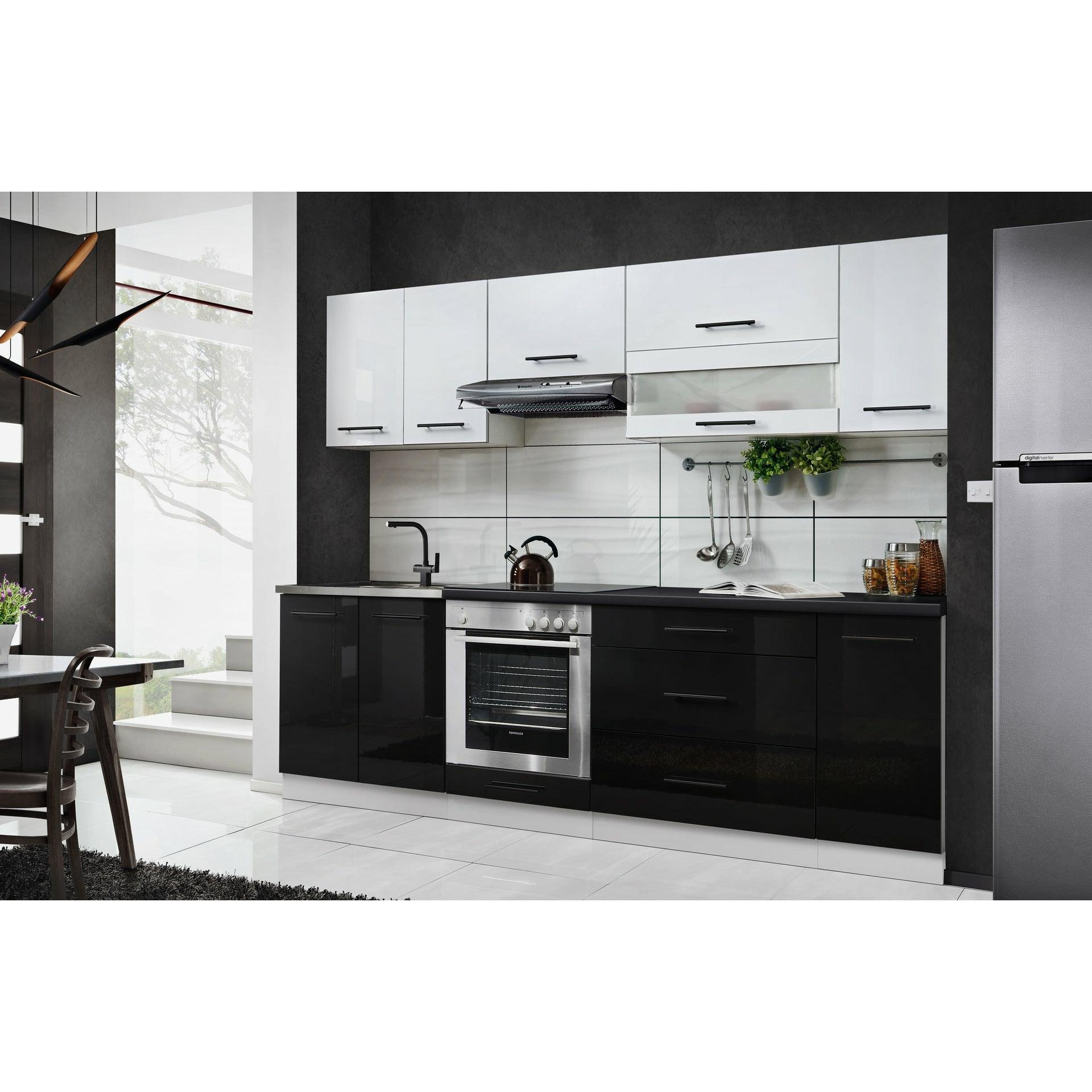 Küche 260 cm Glanz Schwarz Beton mit Soft-Close Küchenblock - MÖBEL MUNA