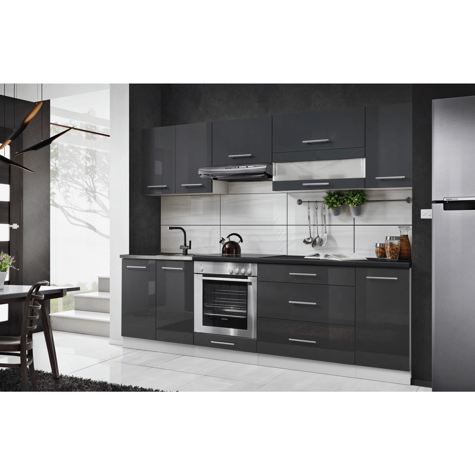 Küche 260 cm Glanz Schwarz Beton mit Soft-Close Küchenblock - MÖBEL MUNA