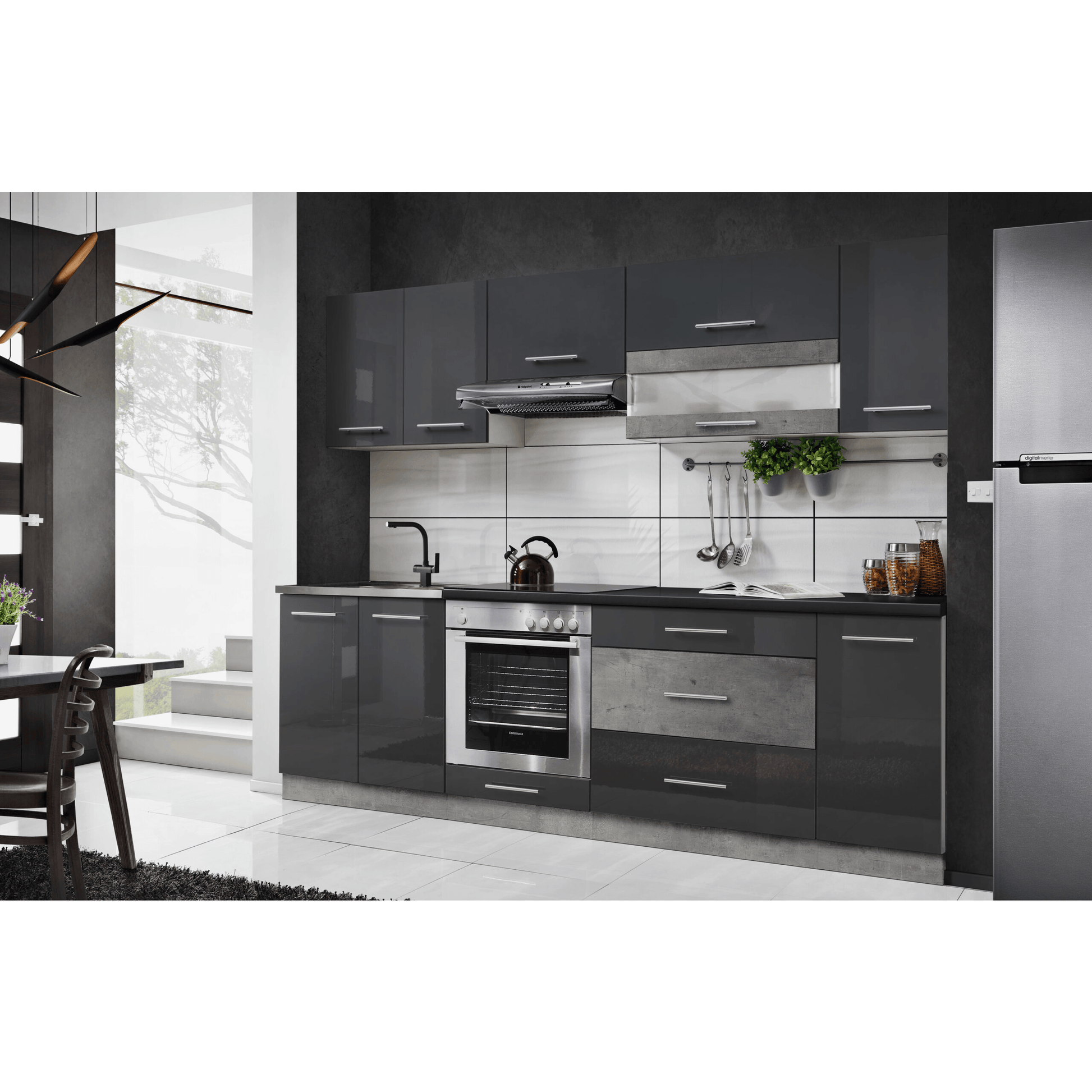 Küche 260 cm Glanz Schwarz Beton mit Soft-Close Küchenblock - MÖBEL MUNA