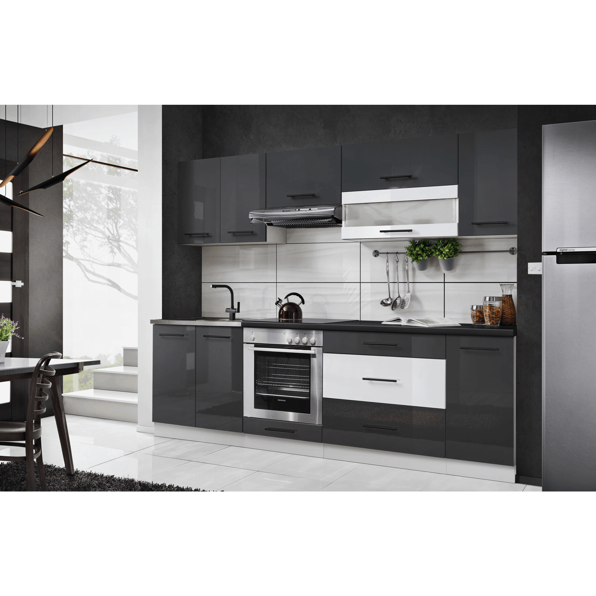 Küche 260 cm Glanz Schwarz Beton mit Soft-Close Küchenblock - MÖBEL MUNA