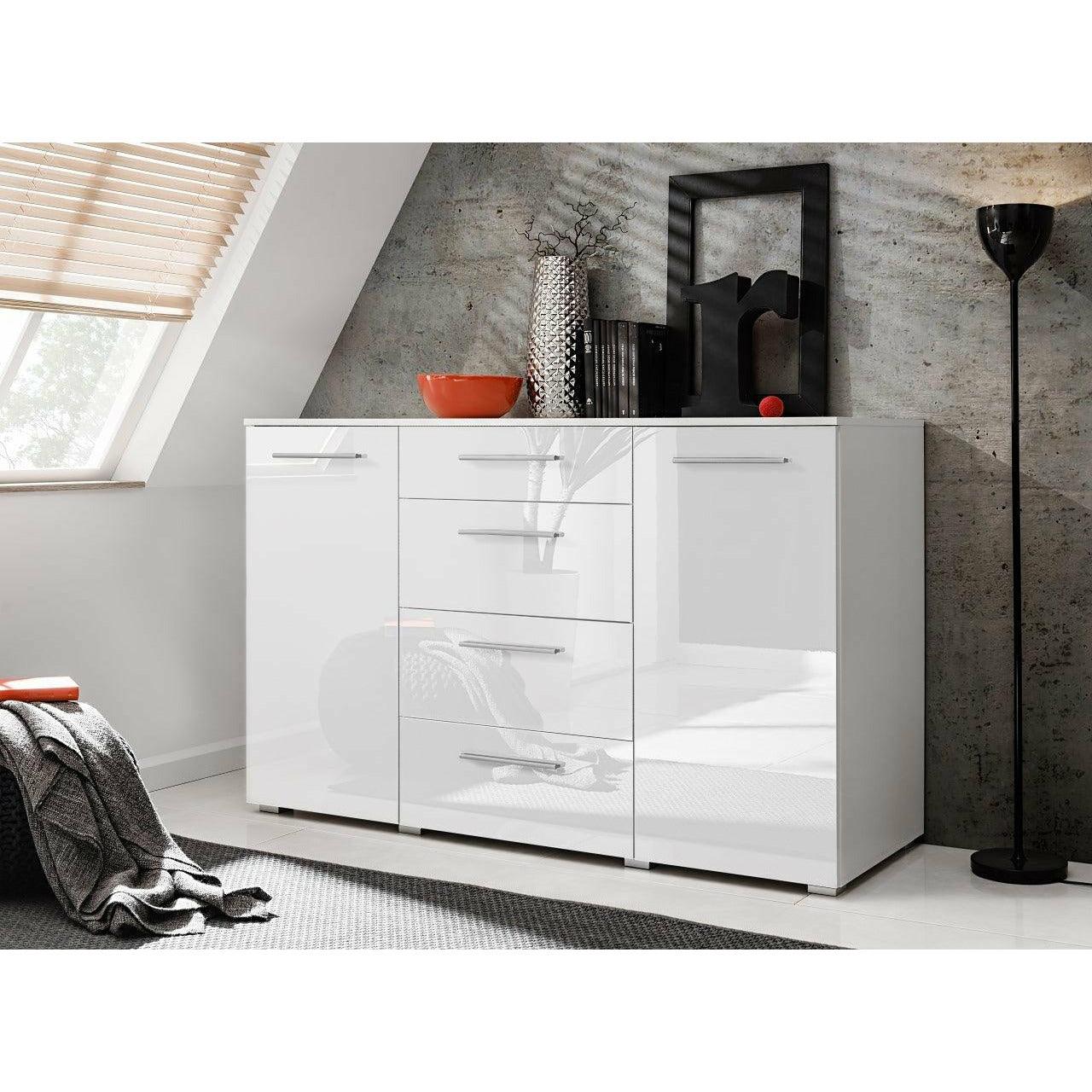 Kommode Weiß Hochglanz mit 4 Schubladen Sideboard - MÖBEL MUNA