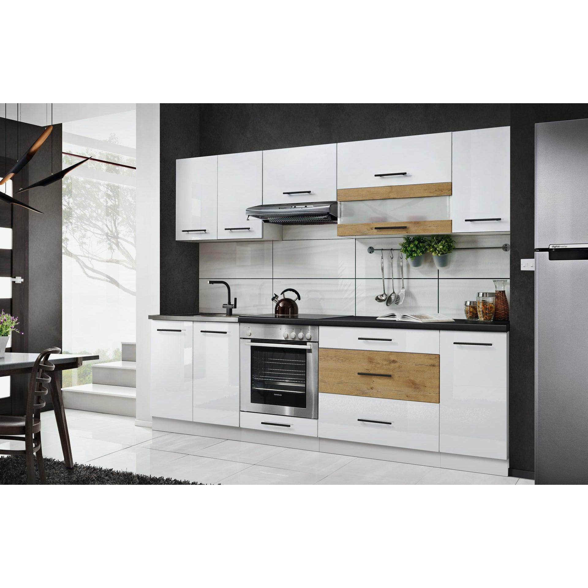 Küche 260 cm Glanz Schwarz Beton mit Soft-Close Küchenblock - MÖBEL MUNA
